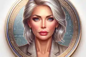 An image of a cryptocurrency token with a woman resembling Melania Trump on it.